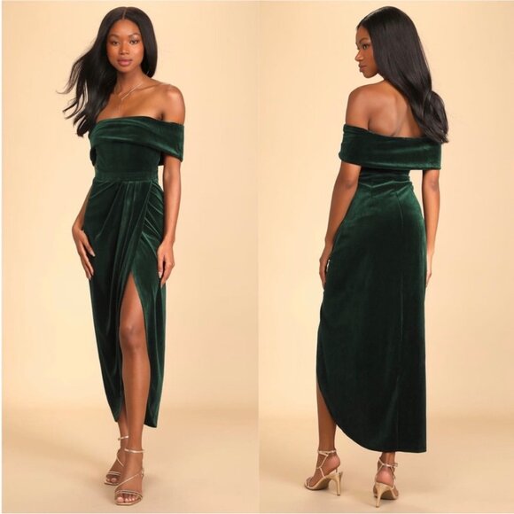 Lulu's I'm Enchanted Velvet Off-the-Shoulder Maxi Dress Holiday Green Size Large - Picture 2 of 10